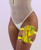Holographic thigh bag worn by a model